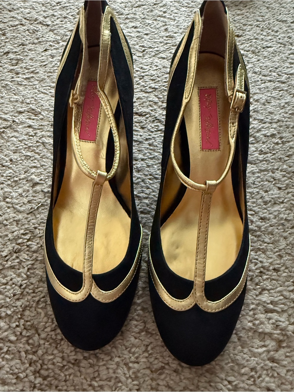 Betsey Johnson Black and Gold T-Strap Heels - Picture 1 of 3